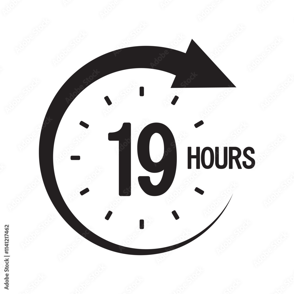 Aufkleber nineteen hours icon. bold 19 text. circular clock symbol. countdown timer graphic.