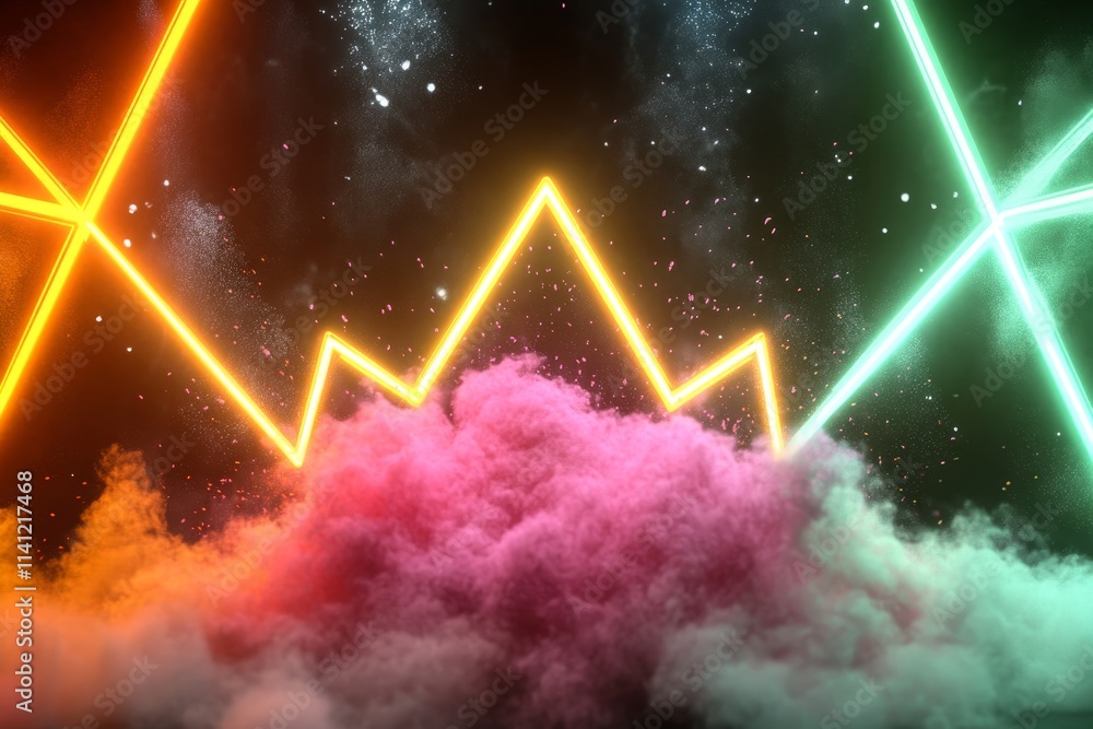 Poster abstract neon lights with vibrant colors illuminating clouds against a dark background, creating a d