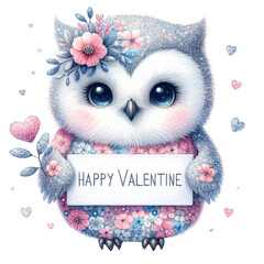 Cute valentine owl with flowers and heart digital illustration whimsical style cheerful colors