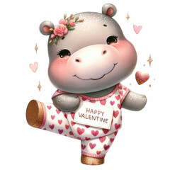 Happy valentine's day celebration with cute hippo character digital art whimsical environment cheerful viewpoint