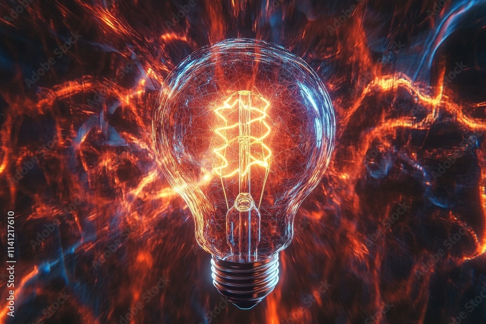 Poster abstract representation of a glowing light bulb surrounded by vibrant electric energy, showcasing an