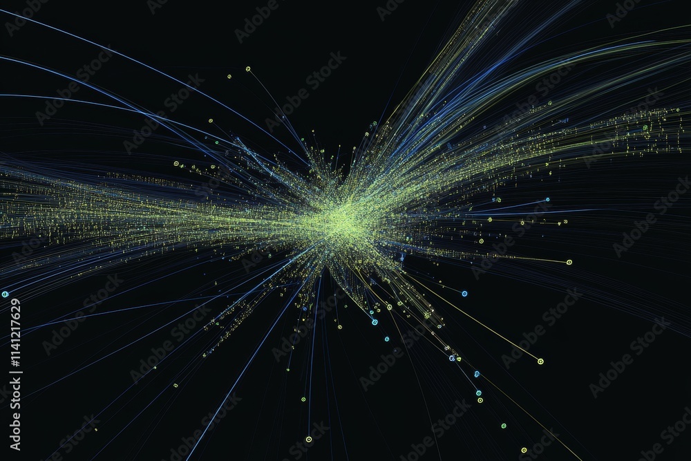 Poster abstract representation of dynamic energy patterns with colorful particles radiating in all directio