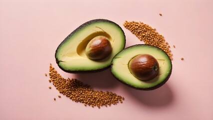 Top view of single avocado half with seed on a pastel background