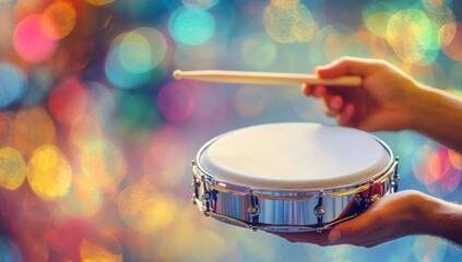 A Hand Holding a Snare Drum With a Drumstick