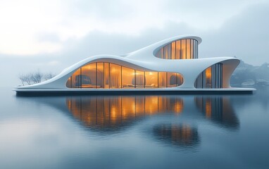 Futuristic minimalist white building by serene lake with soft natural lighting in modern architecture design