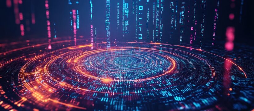 Abstract digital data swirling in a circular pattern with binary code falling from above.