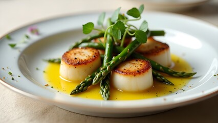 A gourmet dish featuring seared scallops with asparagus and lemon butter sauce