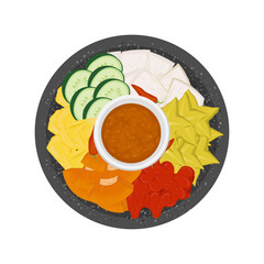 Vector Illustration Logo Clipart Top View Sliced tropical fruits on a Cobek with Spicy brown sugar rujak buah or lotis buah lutis buah