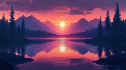 Serene Sunset Landscape with Calm Lake and Mountains in Minimalist Style