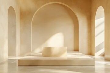 Beige minimalist room with arched doorways, sunlight, and platform.