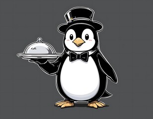 A penguin dressed as a waiter with a bowtie and a tray. vector line