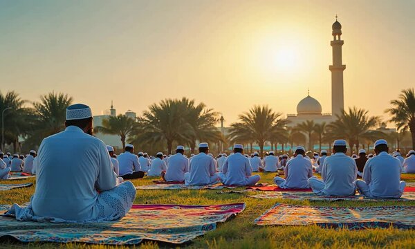 Muslim men praying outdoors at sunset, with a mosque in the background.