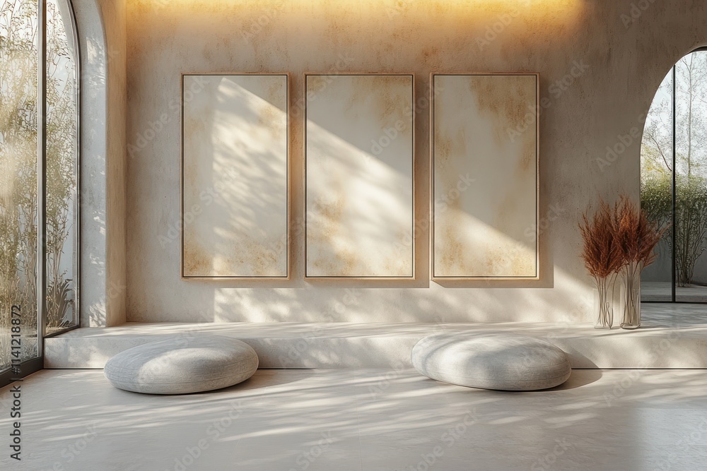 Poster minimalist composition of three empty frames on concrete pedestal with natural light