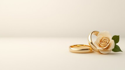 Minimalist Wedding Design: Gold Rings and White Rose with Space for Text