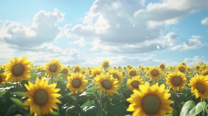 Obraz premium Vibrant sunflowers bask in bright sunlight under a partly cloudy sky.