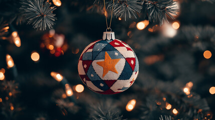 Christmas Ornament on Tree: A charming patchwork Christmas ball ornament hangs from a lush evergreen tree, illuminated by warm fairy lights, creating a cozy and festive atmosphere.