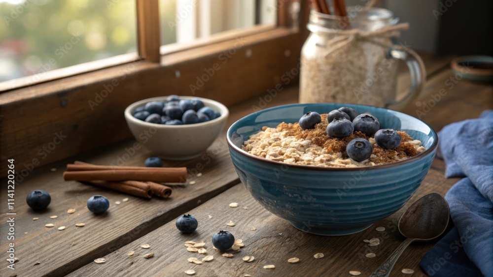 Poster a rustic wooden table holds a deep blue bowl of oats adorned with a handful of plump blueberries and