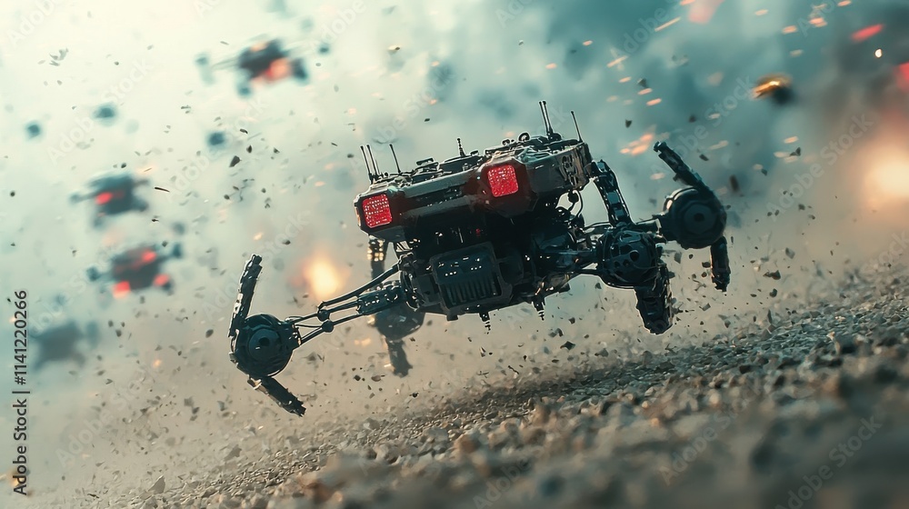 Aufkleber Robotic warfare unleashed futuristic battlefield digital combat zone chaotic environment aerial perspective autonomous technology in action