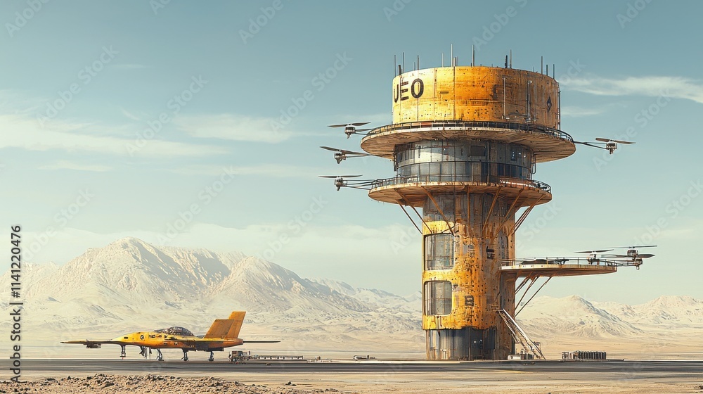 Leinwandbilder Coordinating drone operations from a futuristic control tower in an arid landscape a high-tech overview of aerial management
