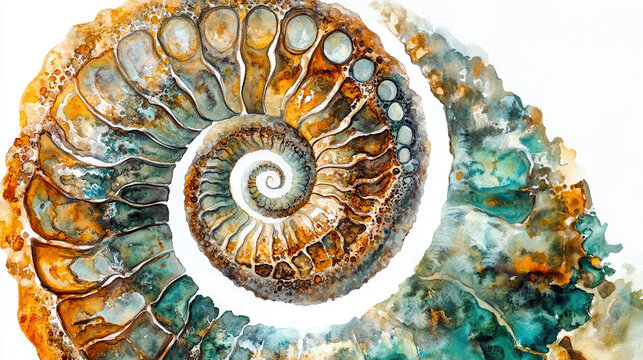 watercolor ammonite shell, spiral, teal, orange, white background clip art preview