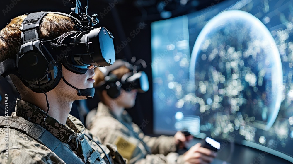 Poster soldiers engaged in virtual reality training exercises military base video content advanced technolo