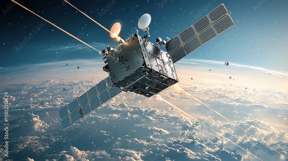 Aufkleber satellite emits signals in orbit for electronic standards aerial view technological communication in
