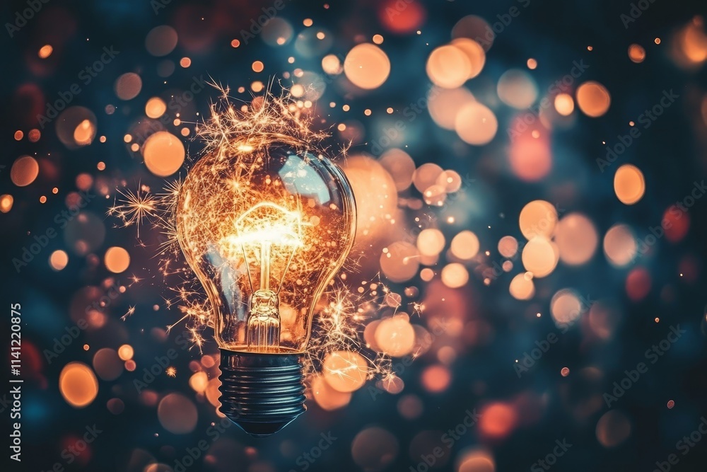 Poster brightly glowing light bulb surrounded by sparkling bokeh effect with warm tones creating a magical 