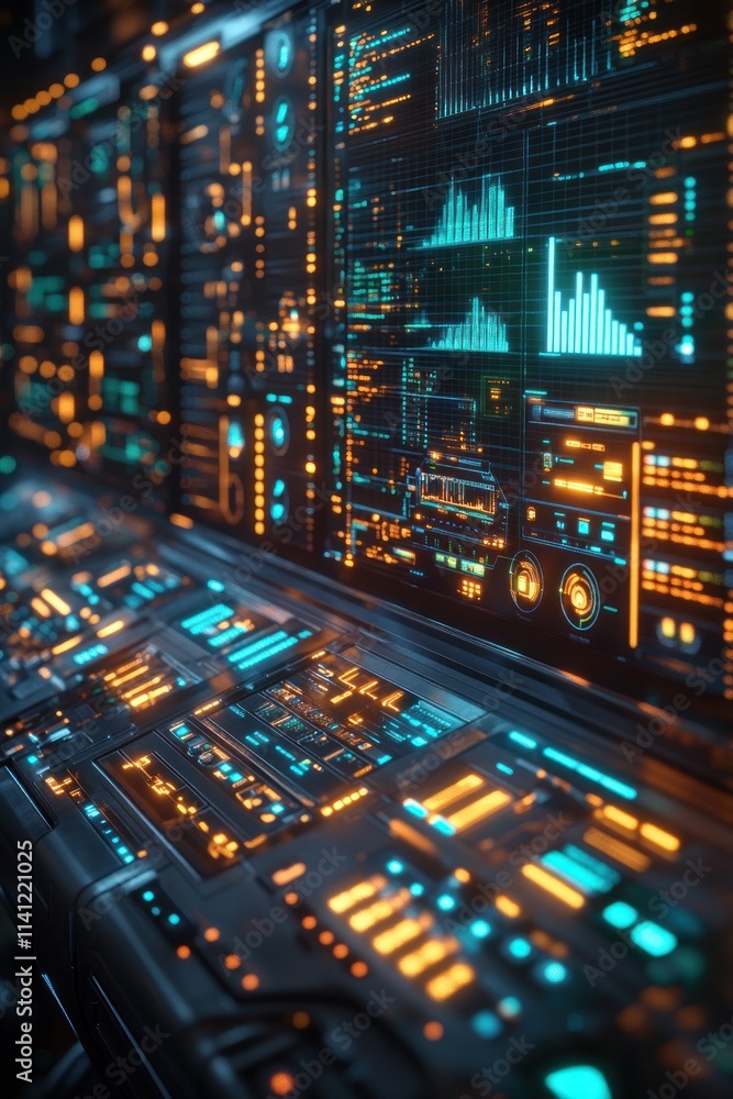 Poster futuristic digital workspace with artificial intelligence engineers in cyberpunk financial market