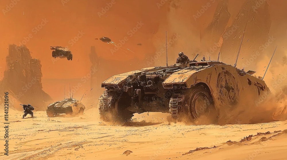 Poster electromagnetic pulse device disabling enemy standard in desert landscape a military sci-fi scenario