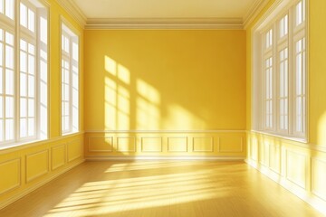 Obraz premium Sunlit empty room with yellow walls, wood floor, and large windows.