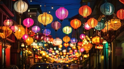 Colorful Lanterns Illuminate a Night Street Scene with Vibrant Displays and Festive Atmosphere in a Beautifully Decorated Urban Setting