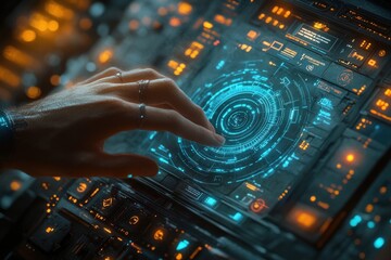 AI Language Model Interaction in Futuristic Office Environment with Data Transfer and Digital Interface