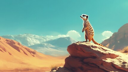 Meerkat standing on rock in desert landscape with mountains.