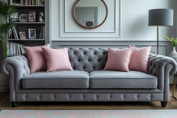 Gray fabric sofa with pink pillows, placed in front of a white wall, pastel-colored floor mat, bookshelf, mirror, and gray lamp, creating a cozy home decor.