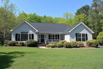 Charming Single-Story House Surrounded by Lush Greenery with Bright Blue Sky and Welcoming Front Porch Ideal for Family Living in a Suburban Neighborhood