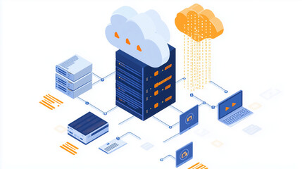 Obraz premium Cloud Backup Concept with Data Transfer and Binary Code Streams