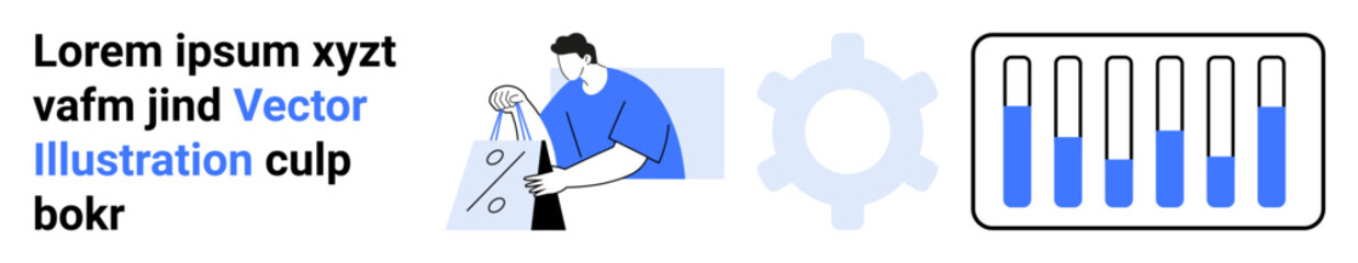 Man holding shopping bags, large gear icon, bar chart with blue and gray bars, and placeholder text. Ideal for e-commerce, retail, technology, data analysis, marketing digital transformation