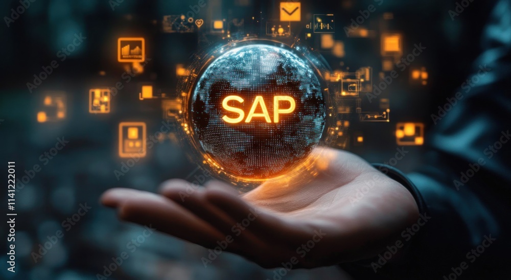 Poster enterprise resource planning software concept with virtual globe and automation icons for business m