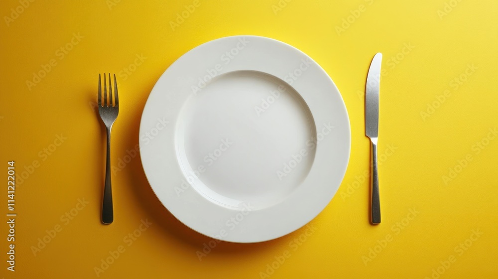 Poster minimalist top down view of white plate on bright yellow background with fork and knife empty space