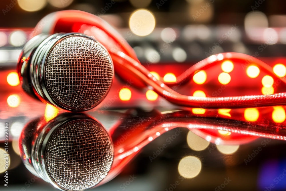 Poster close-up of a microphone with reflective surface and bokeh lights creating a vibrant atmosphere for 