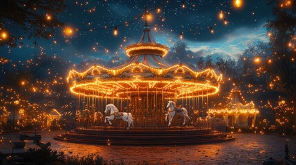 Fototapeta premium Whimsical Carousel Night Scene with Majestic White Horse and Fairy Lights