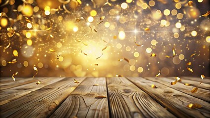 Golden confetti falling onto a rustic wooden surface with a shimmering background