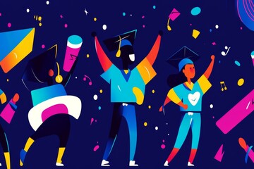 Colorful Graduation Celebration with Graduates Wearing Caps and Gowns Standing Joyfully Against a Vibrant Background of Music Notes and Confetti