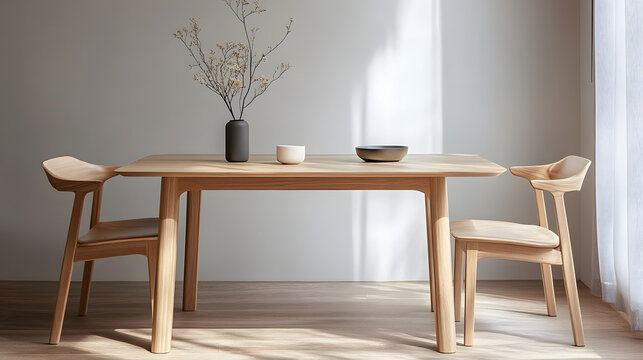 A Scandinavian-style dining area with a wooden table and two simple chairs, emphasizing clean lines and functionality