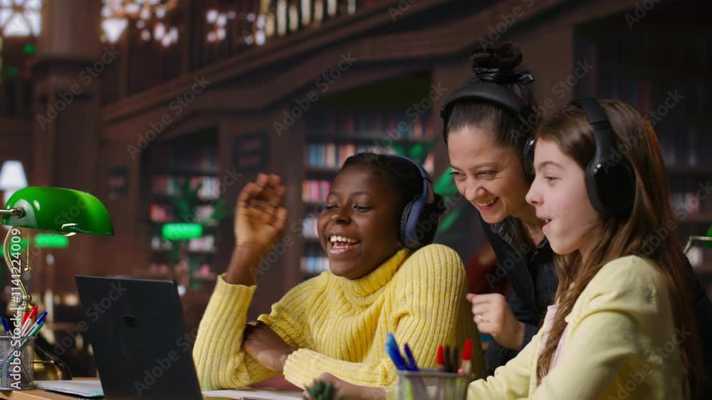 Poster young students and tutor attending an online class via video call in the library, focused on distanc