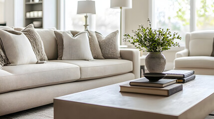 A modern living room with a neutral palette, soft textures, and a minimalist coffee table, creating a balanced and inviting mood