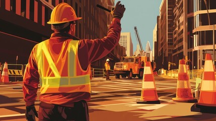 Urban Construction Scene: A Construction Worker Directs Traffic Amidst City Buildings