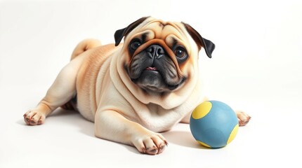 Obraz premium A charming pug lies comfortably on a smooth surface, playfully gazing at a bright blue and yellow ball, radiating a joyful and relaxed atmosphere