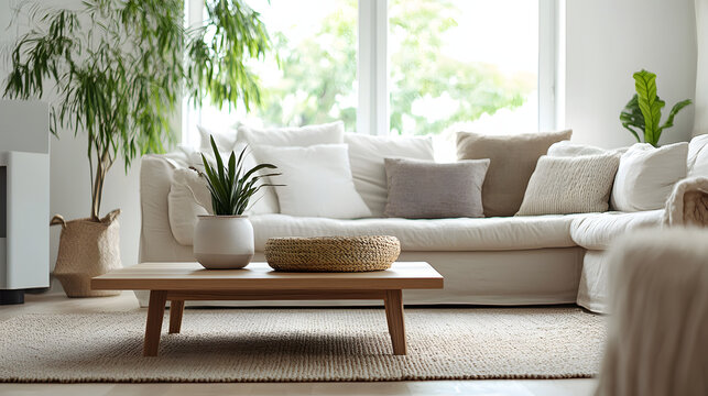 A modern living room with a neutral palette, soft textures, and a minimalist coffee table, creating a balanced and inviting mood
