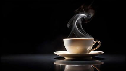 Aromatic steam rises gracefully from a warm beverage in an elegant cup and saucer, set against a dramatic dark background.